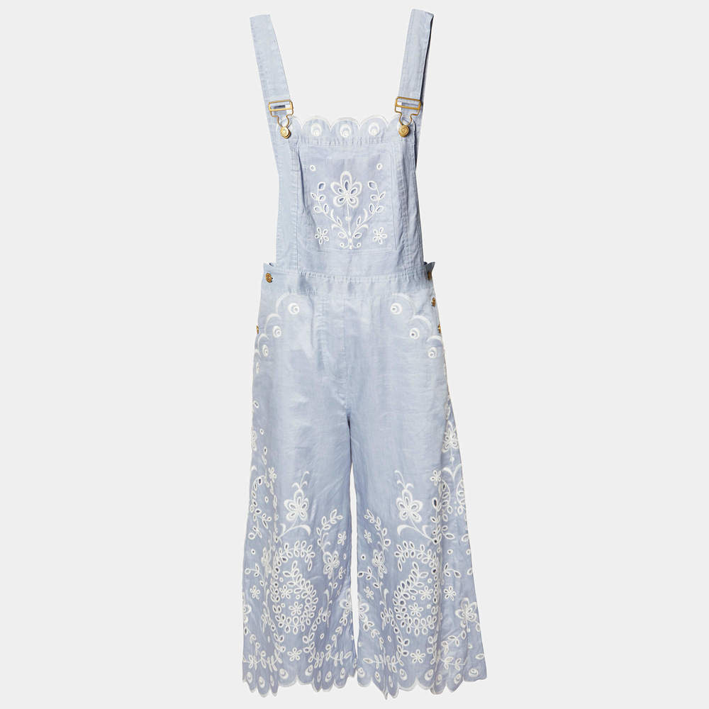 Zimmermann Blue Clover Broderie Anglaise Linen Cropped Jumpsuit M - Picture 2 of 6